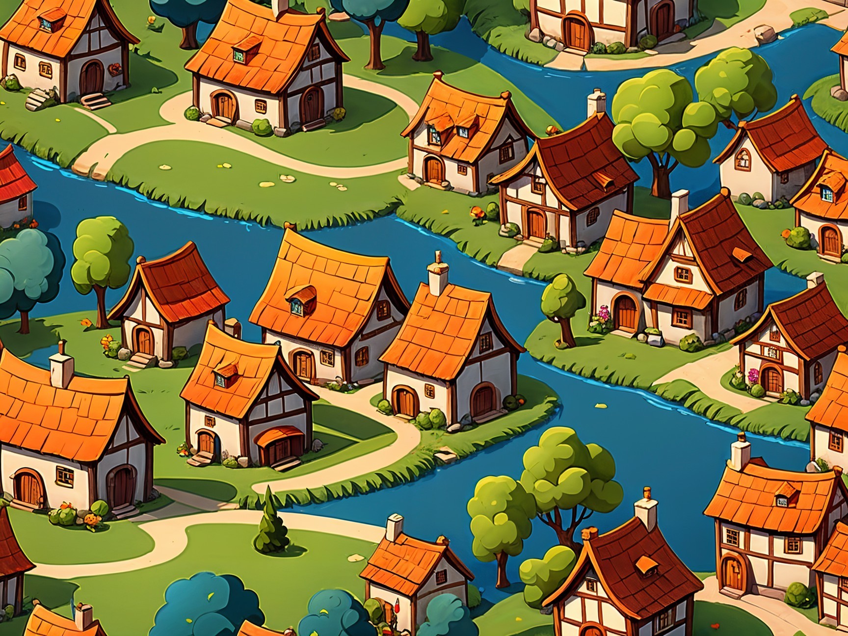 Charming Cartoon-Style Village with Quaint Houses