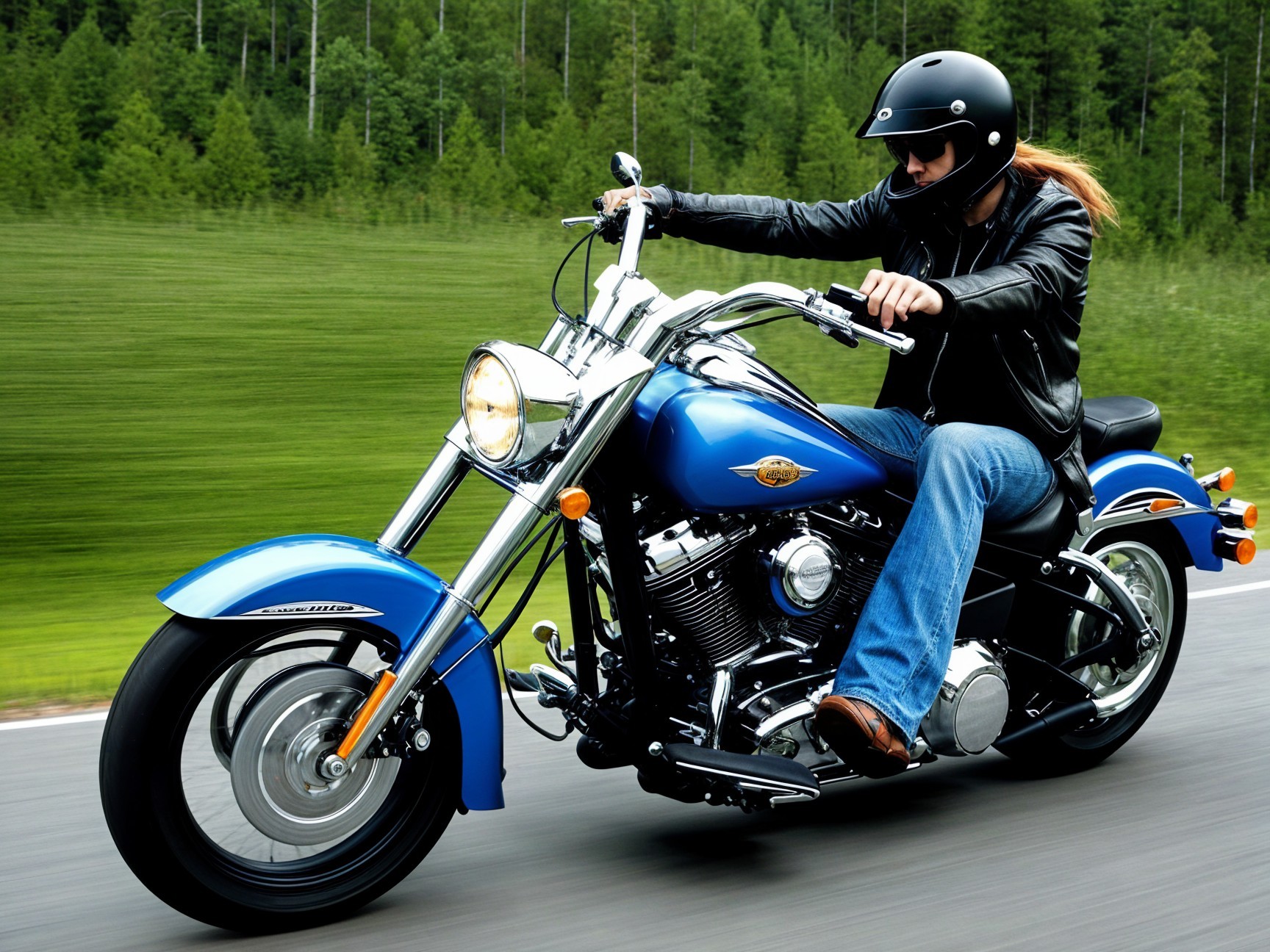 Motorcyclist on Blue Cruiser Along Winding Road