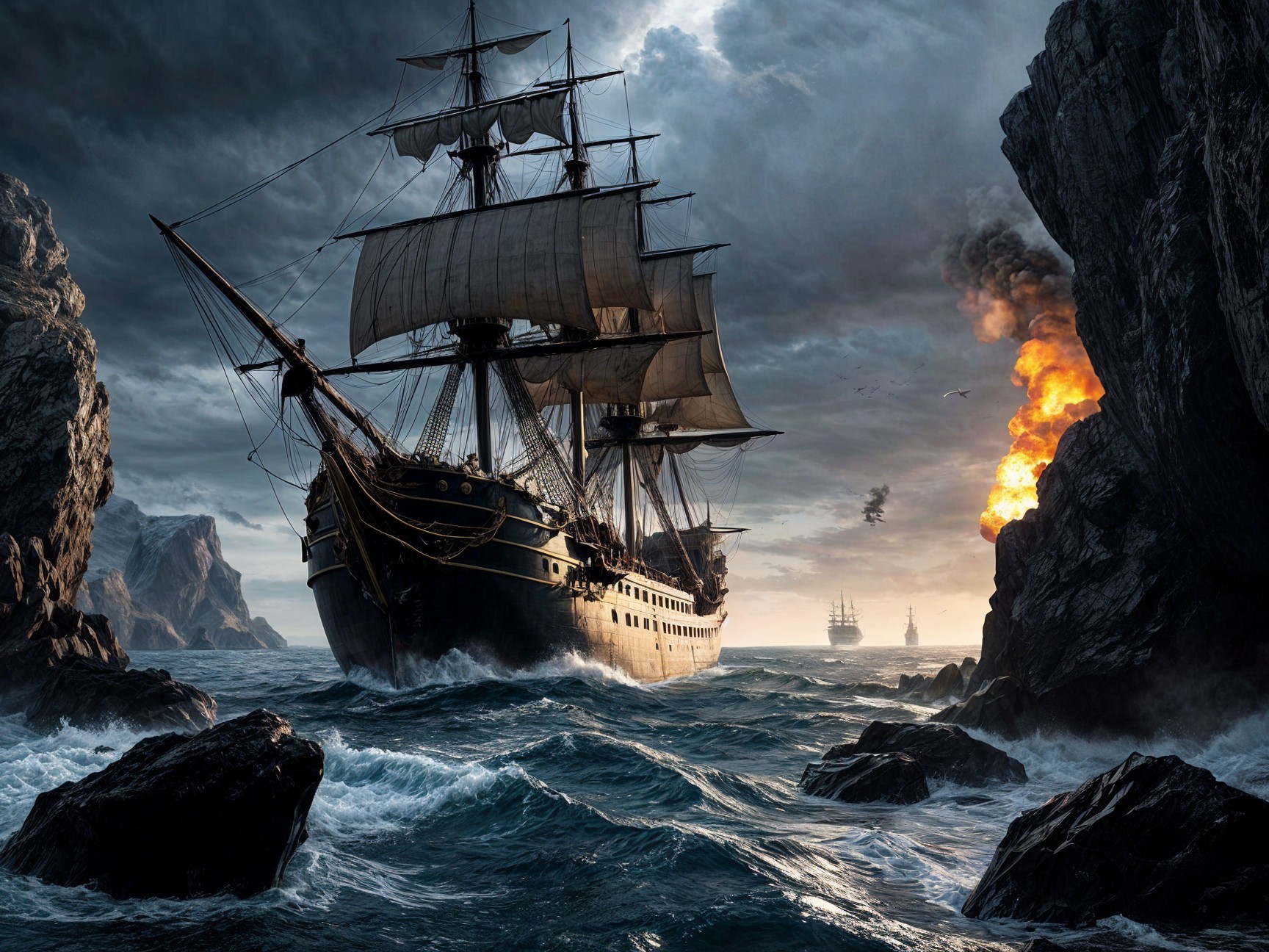 Tall Ship Navigates Turbulent Waters and Cliffs
