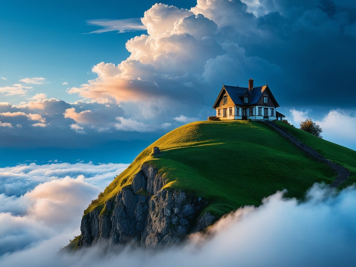 Quaint House on a Green Hill Under Dramatic Sky