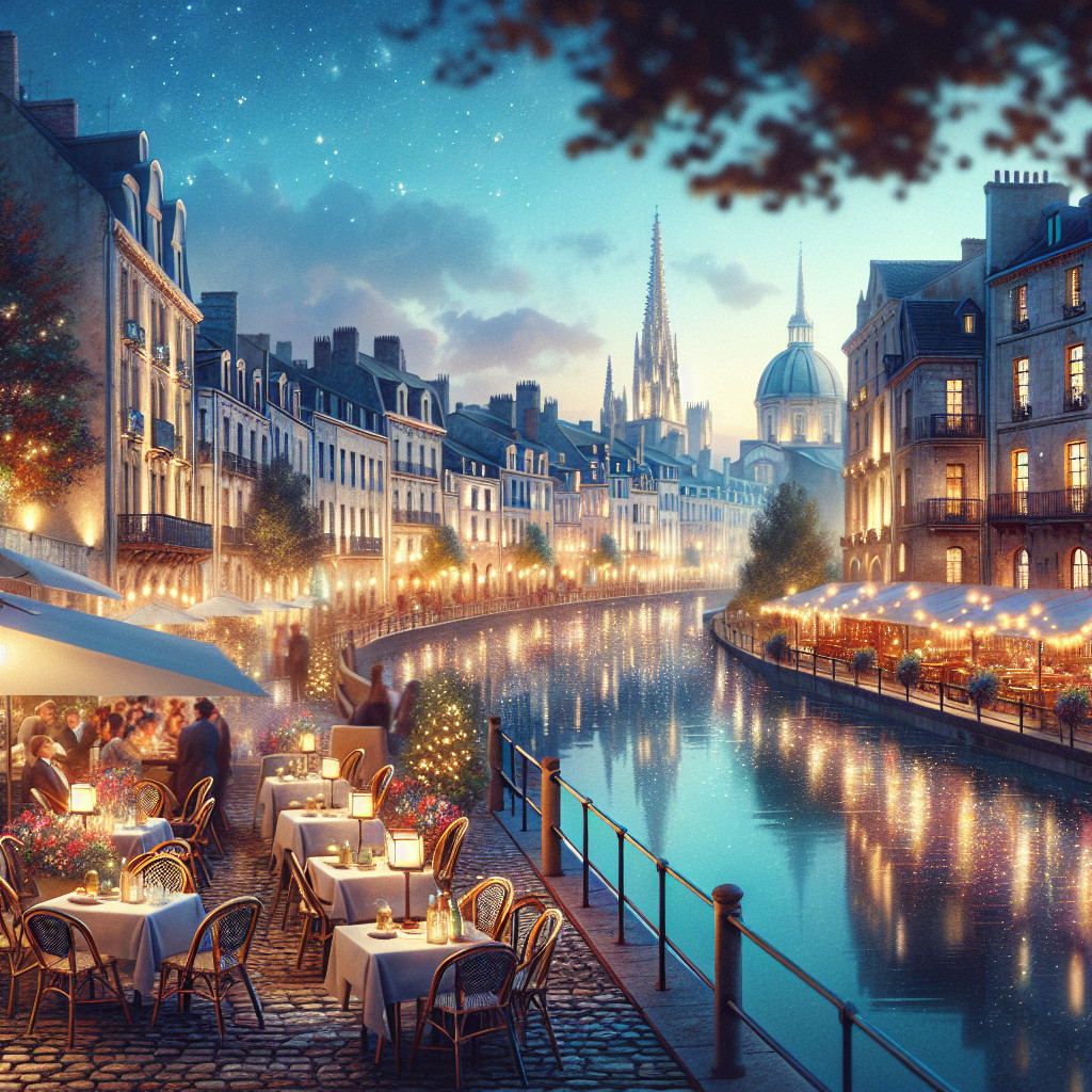 Charming Twilight Riverside Dining Scene with Historic Architecture