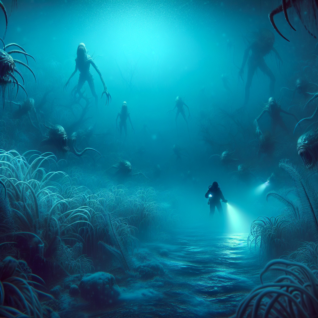 Surreal Underwater Abyss with Ghostly Figures and Flora