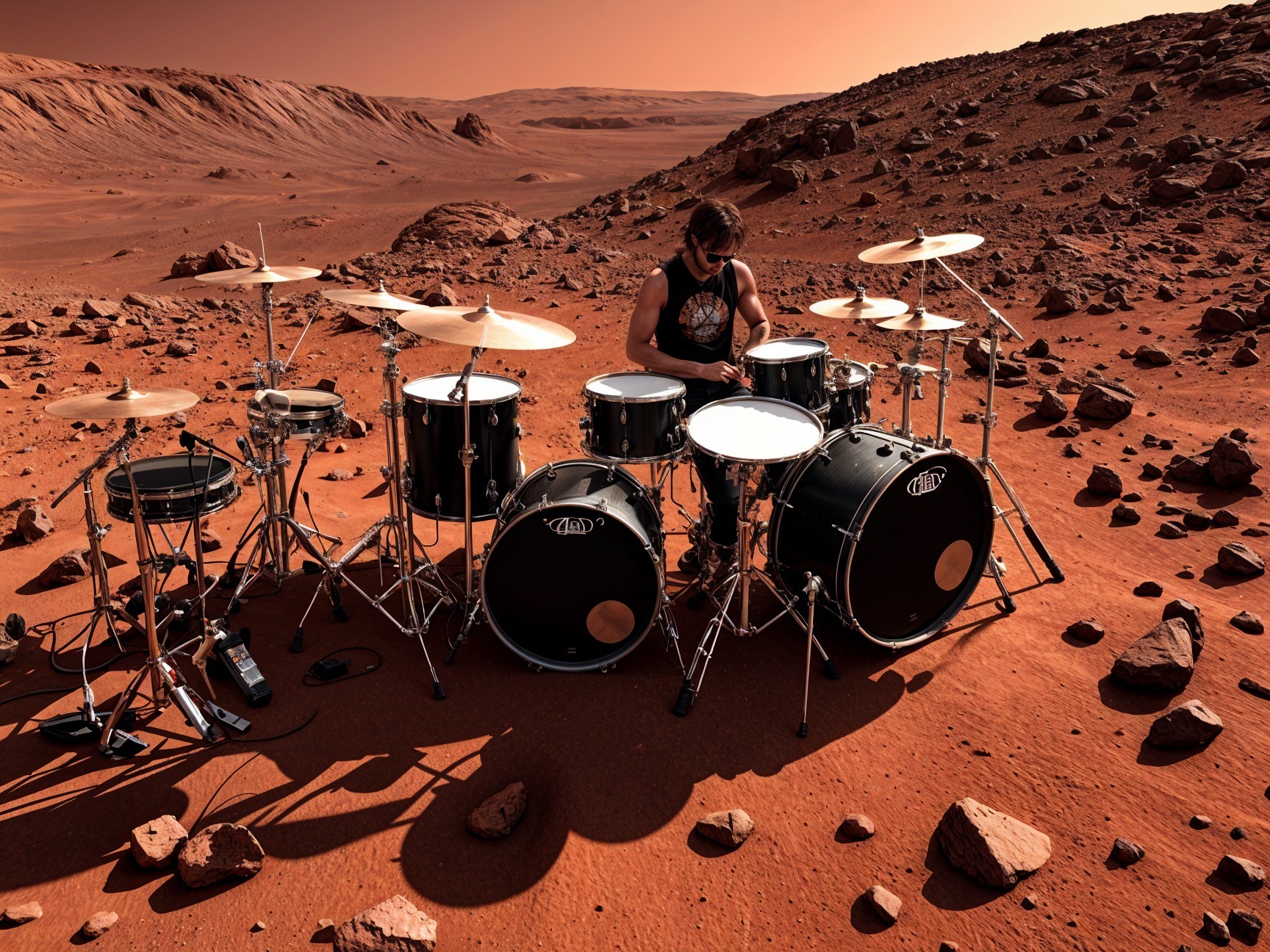 Drummer at a Drum Kit in a Mars-like Landscape