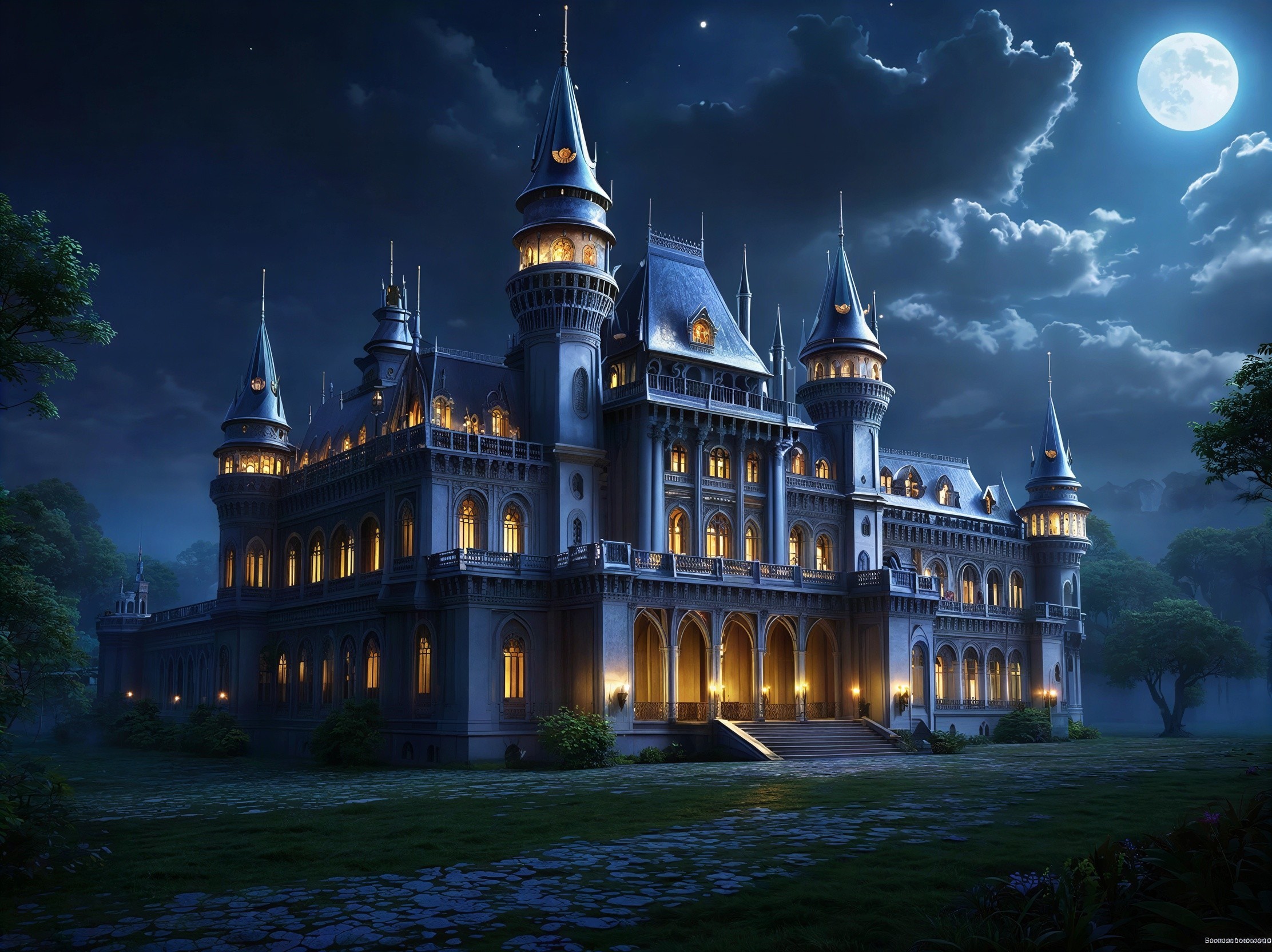 Fantasy Castle at Night in a Mystical Forest