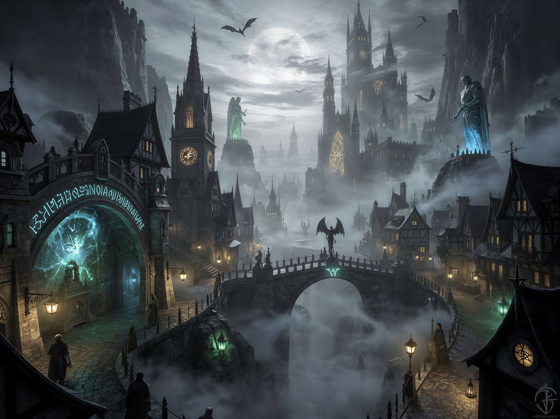 Mysterious Gothic City with Moonlit Atmosphere