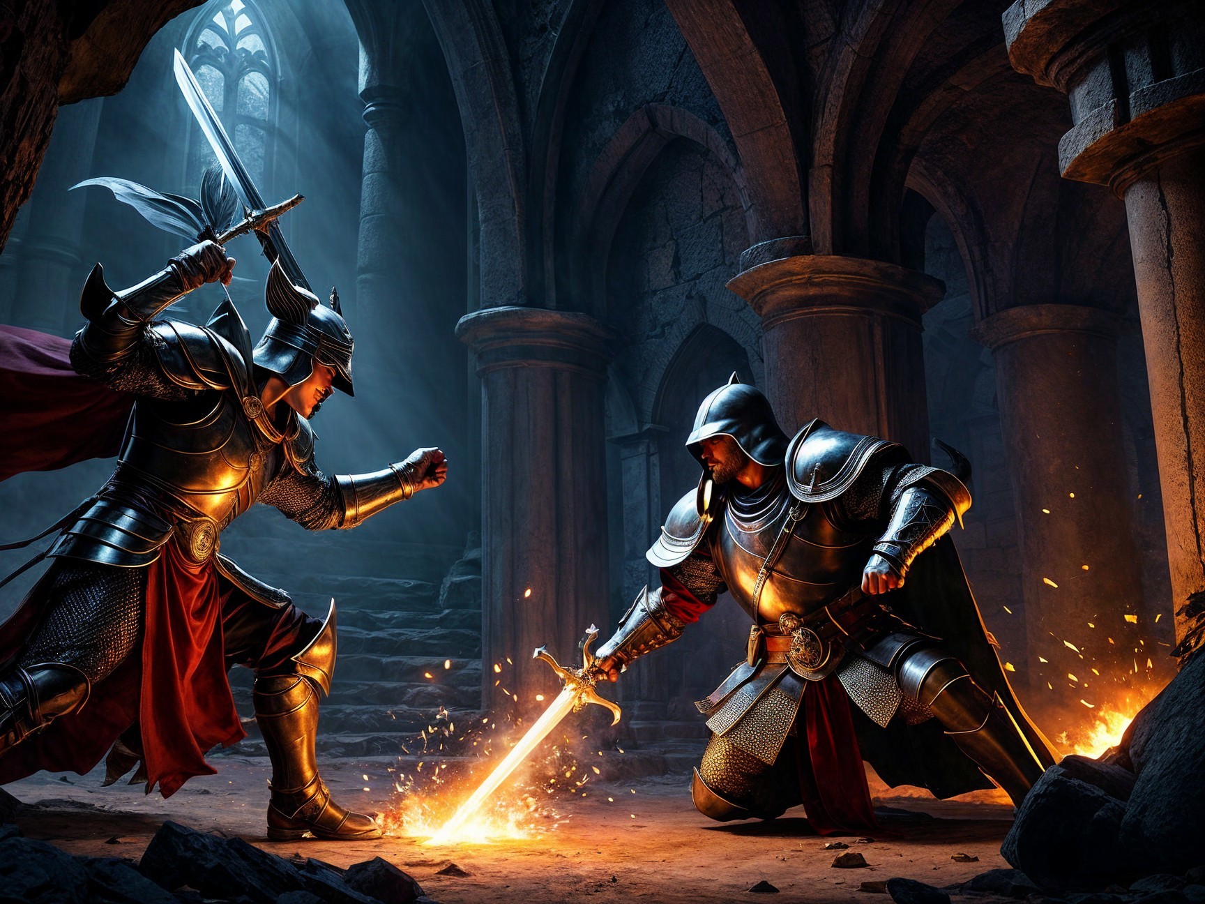 Armored Knights Battle in Ancient Cathedral Setting