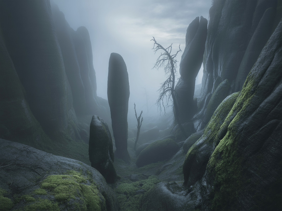 Misty Landscape with Rock Formations and Leafless Tree