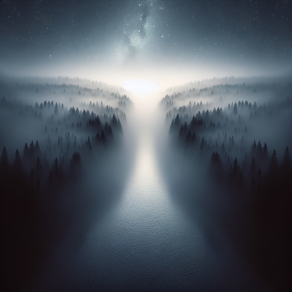 Ethereal Landscape with River and Starry Night Sky