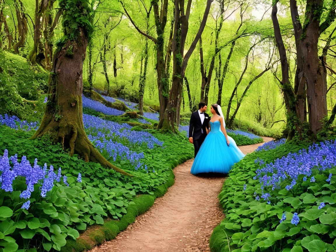 Couple in Turquoise Gown Among Blooming Bluebells