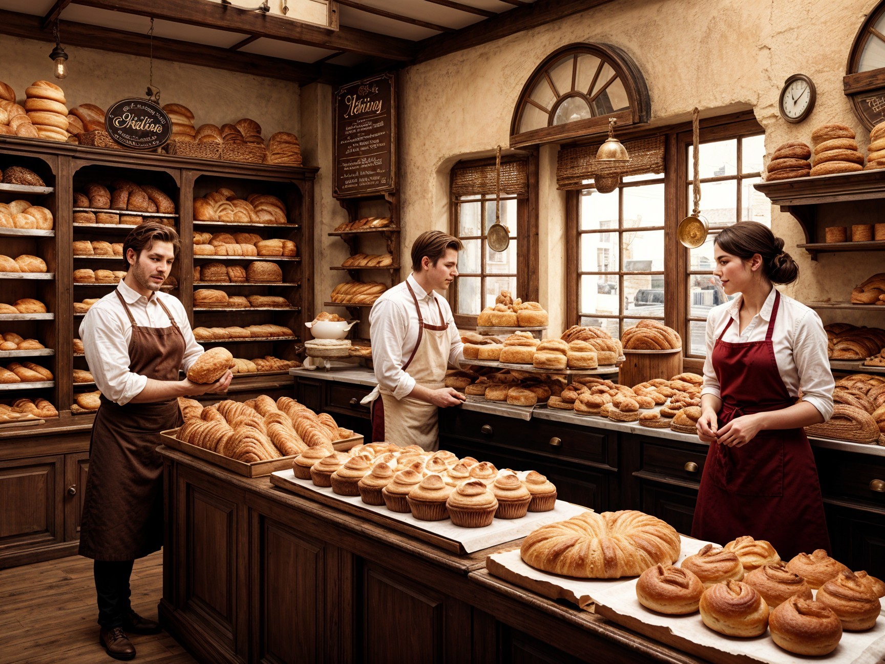 Charming Bakery Scene with Bakers and Fresh Goods