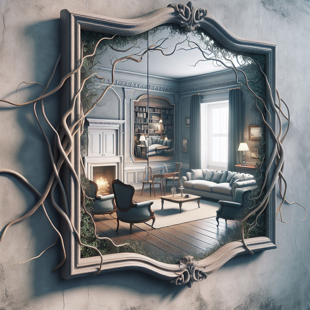 Intricately Designed Mirror Reflecting Cozy Living Room