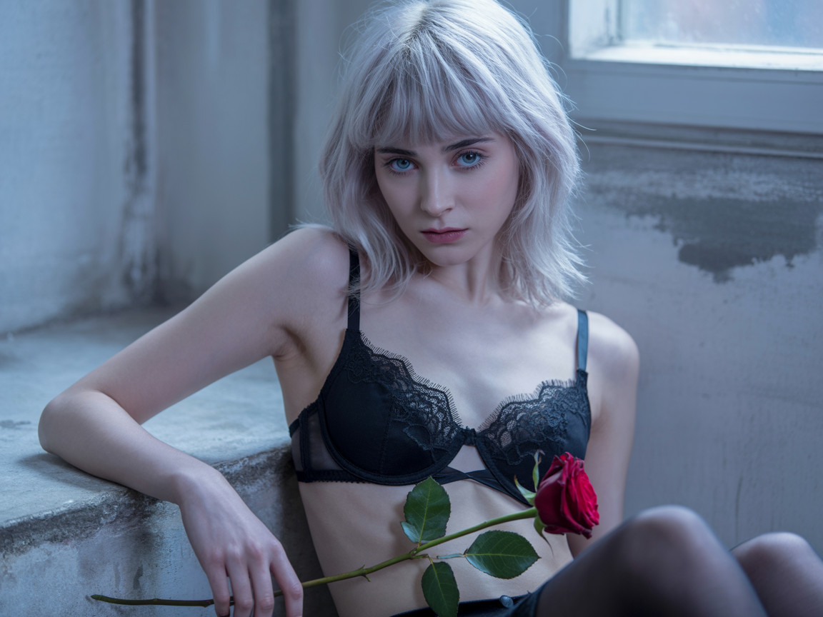 Young woman with platinum bob and red rose by window