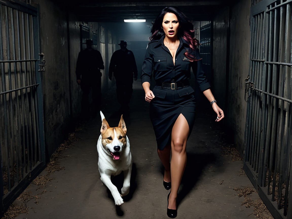 Woman in Black Dress Walks with Dog in Dim Corridor
