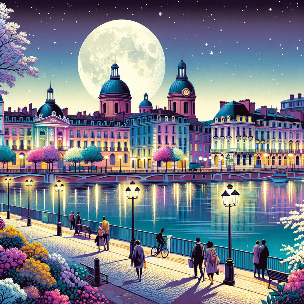 Serene riverside cityscape under a full moon