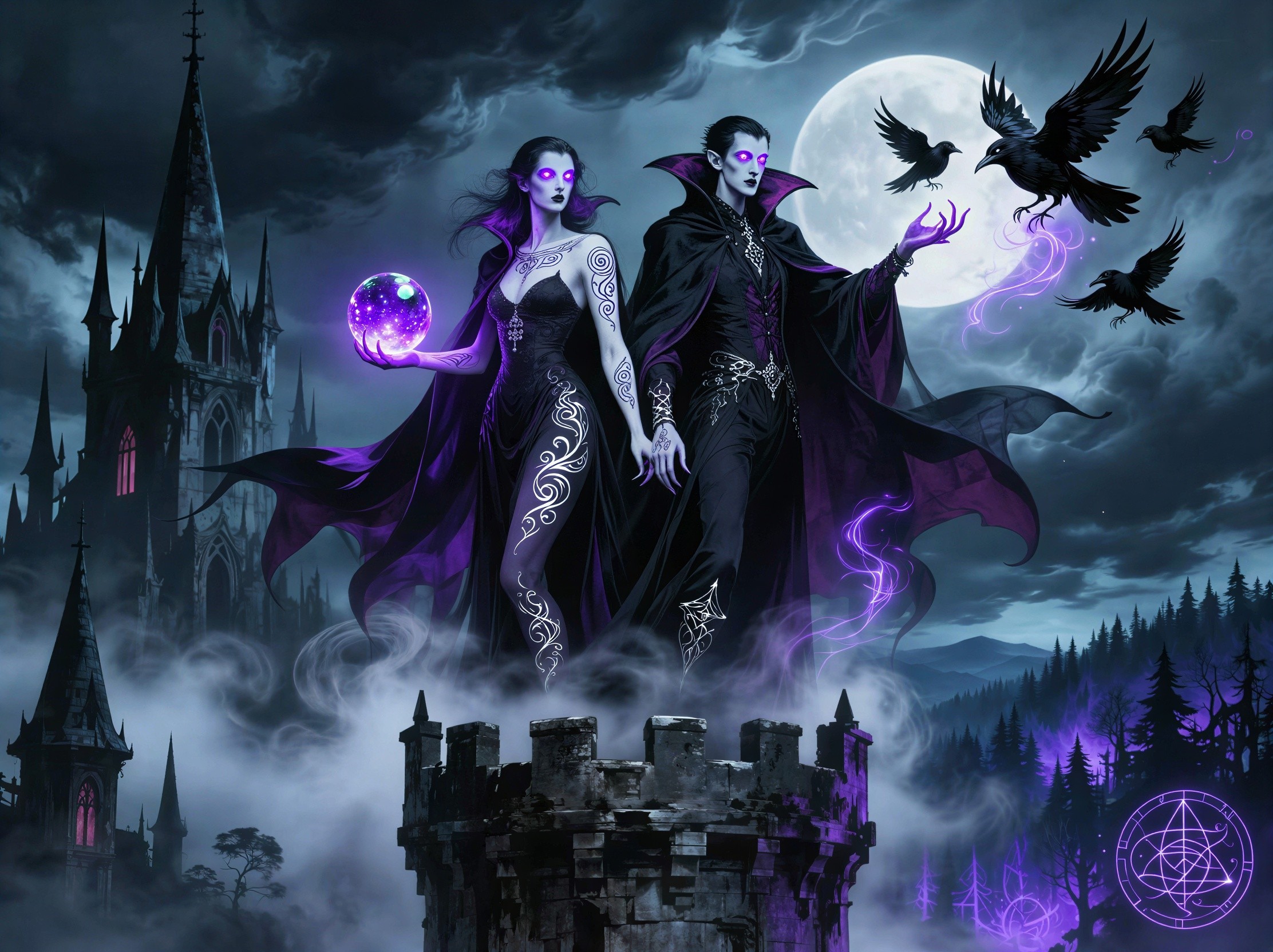 Vampire Portrait in Misty Night with Gothic Castle