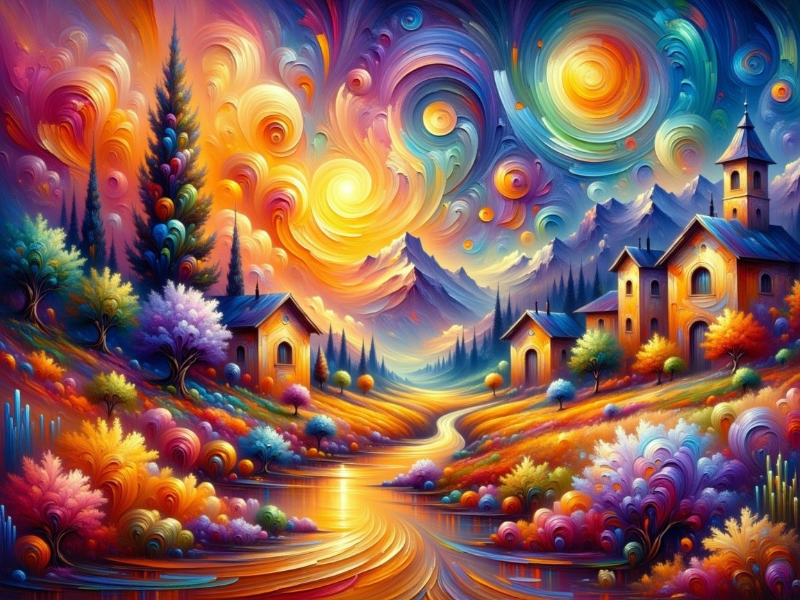 Vibrant Sunset Landscape with Colorful River and Trees