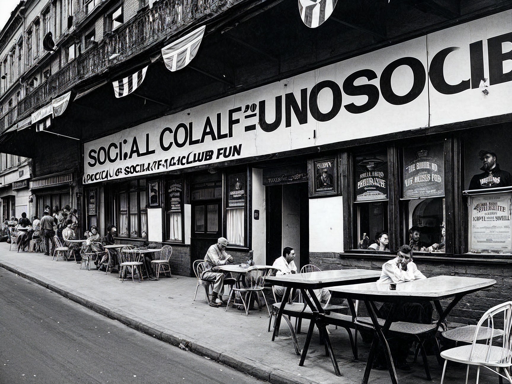 Vintage Street Scene with Social Club Fun Sign