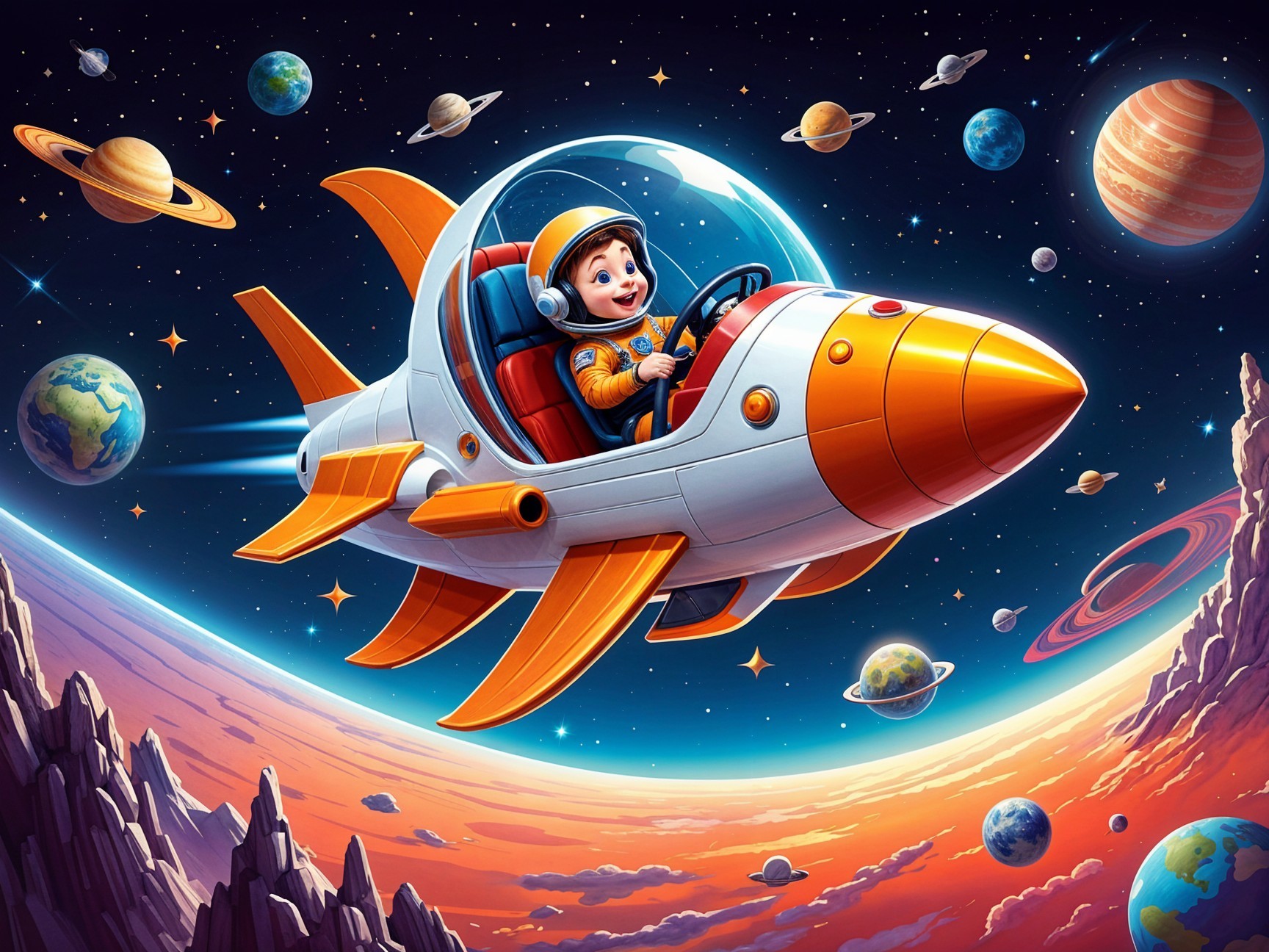 Child in orange spaceship explores colorful outer space