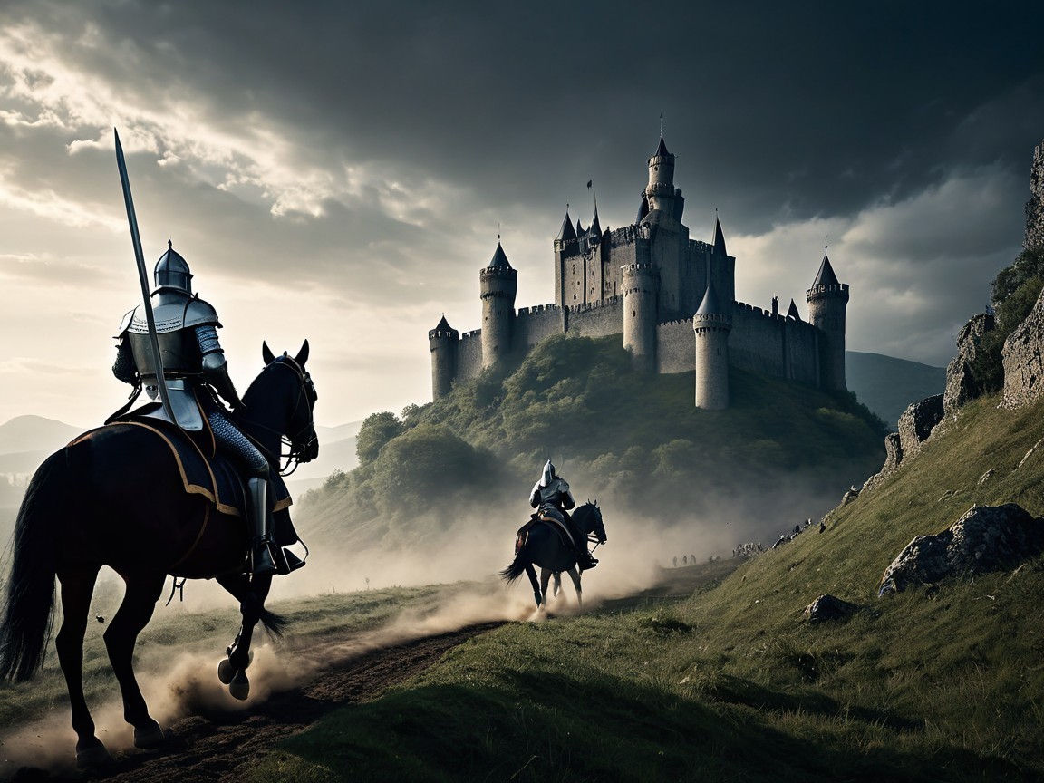 Armored Knights Riding Near Majestic Castle Landscape
