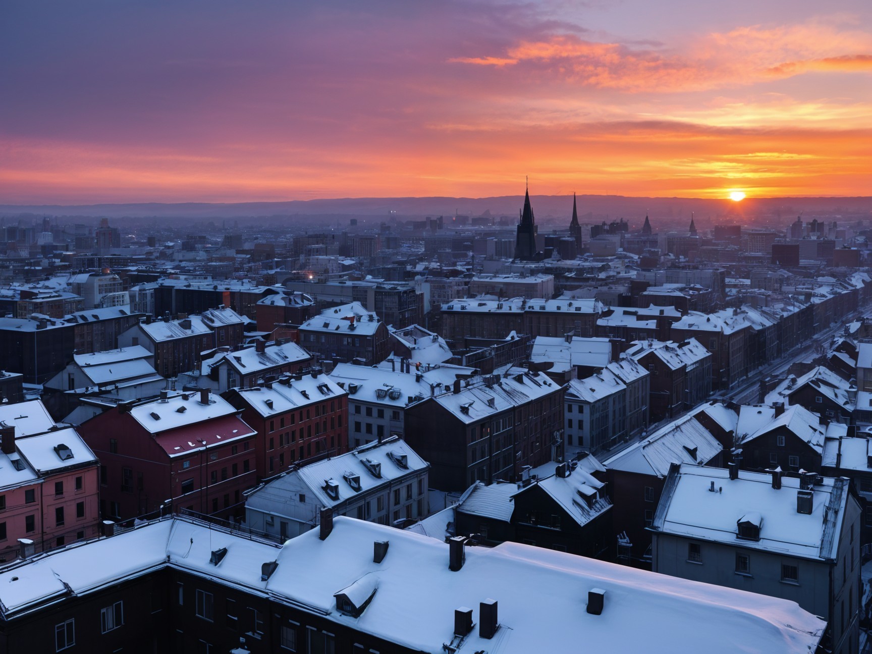 Winter Sunrise Over Snowy Cityscape with Colorful Sky