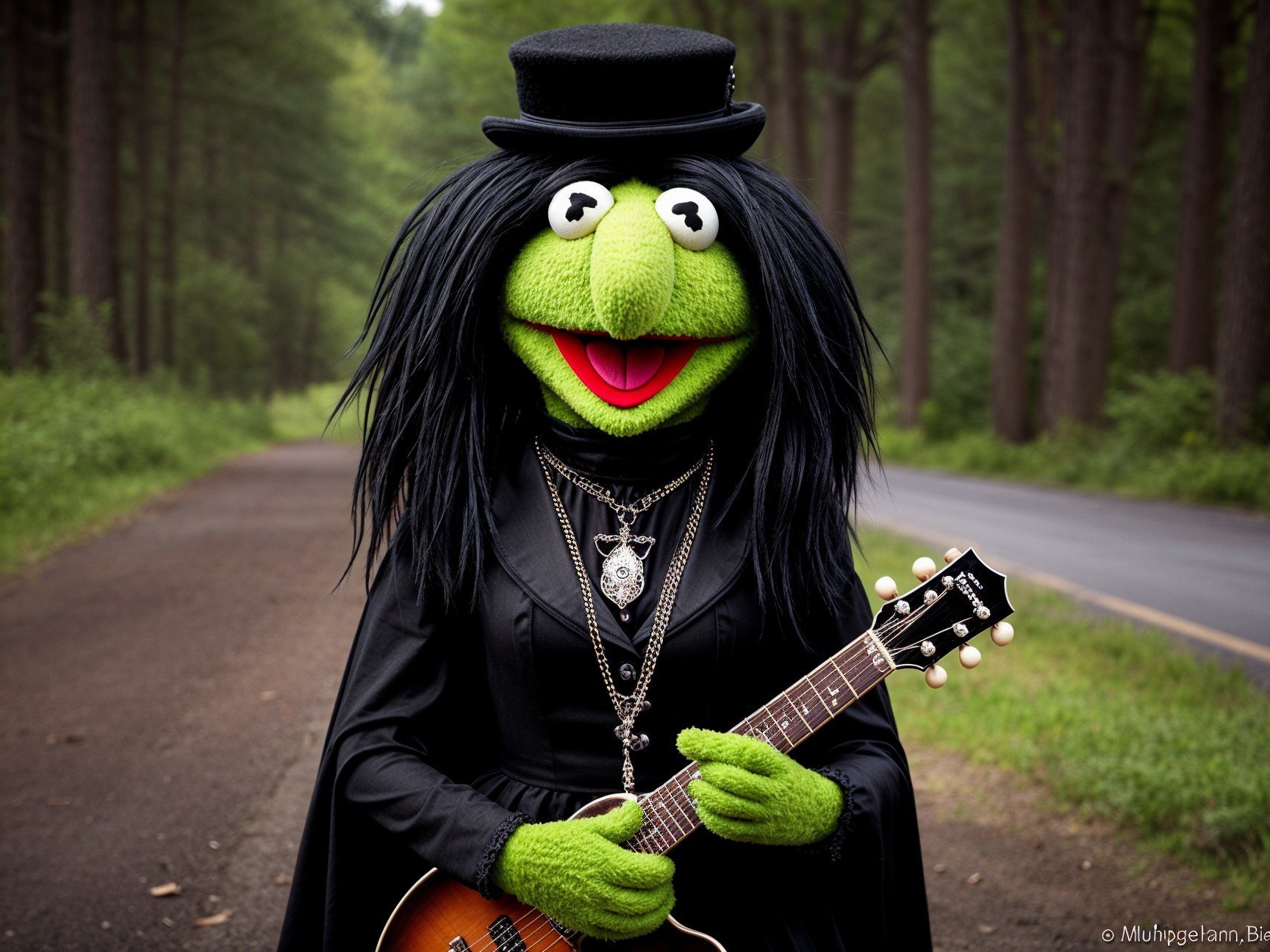 Green Puppet Character in Black Gown with Guitar