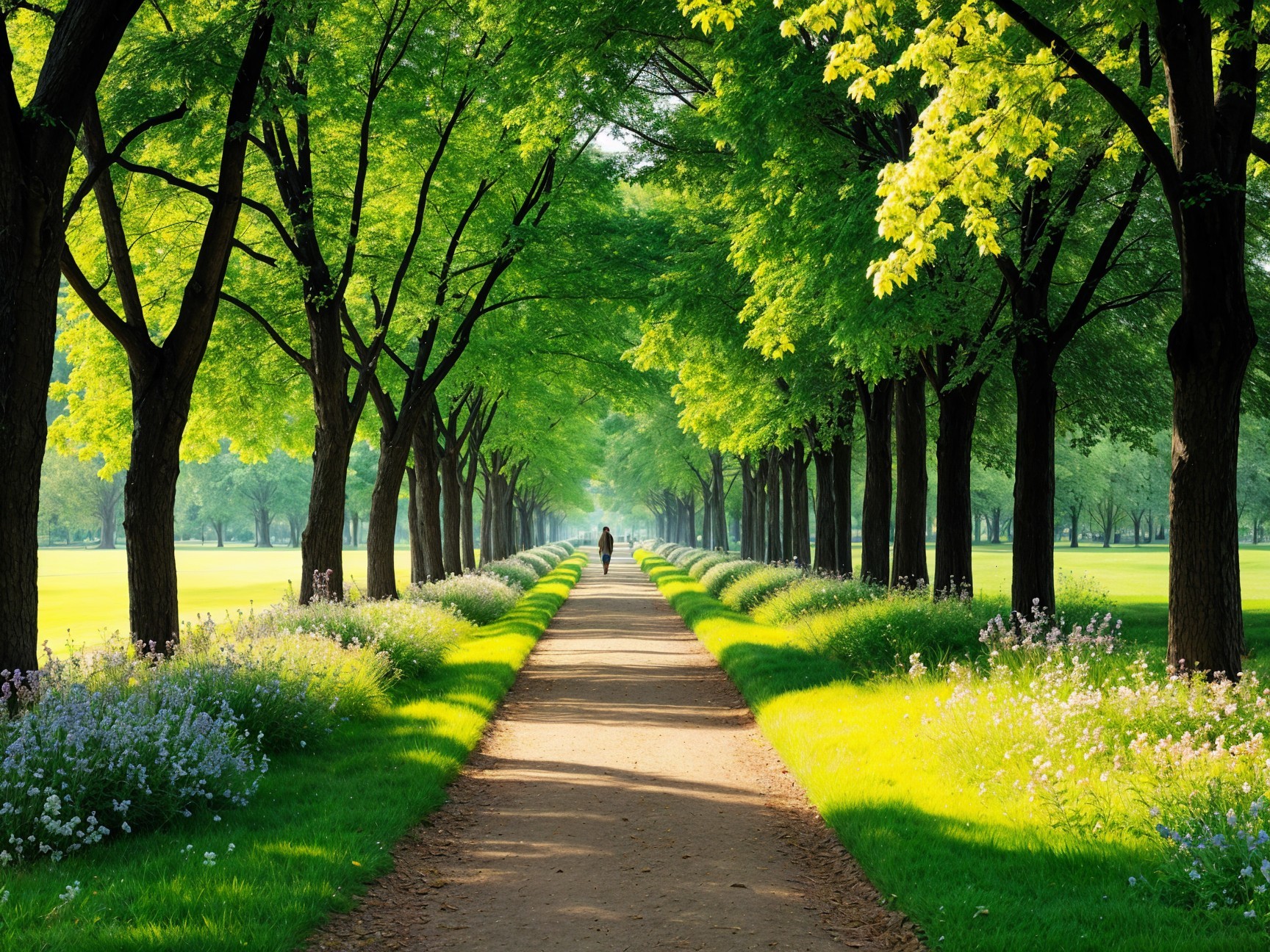 Serene pathway with lush trees and vibrant flowers