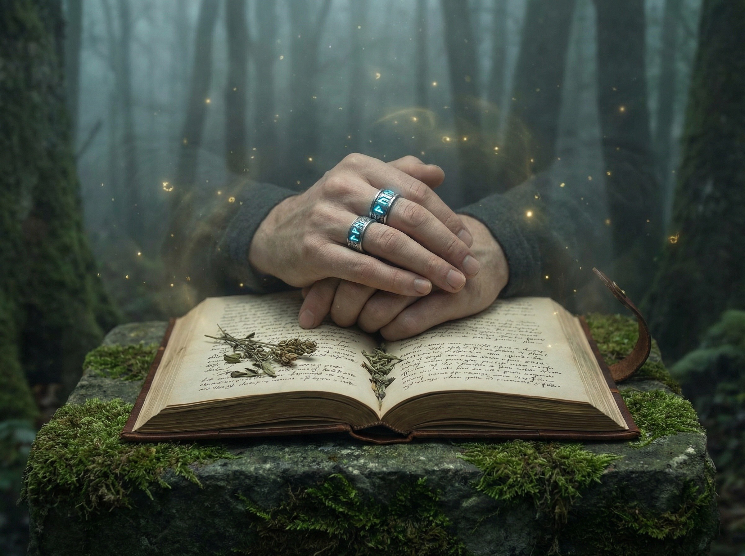 High-angle photo of hands over an open spell book