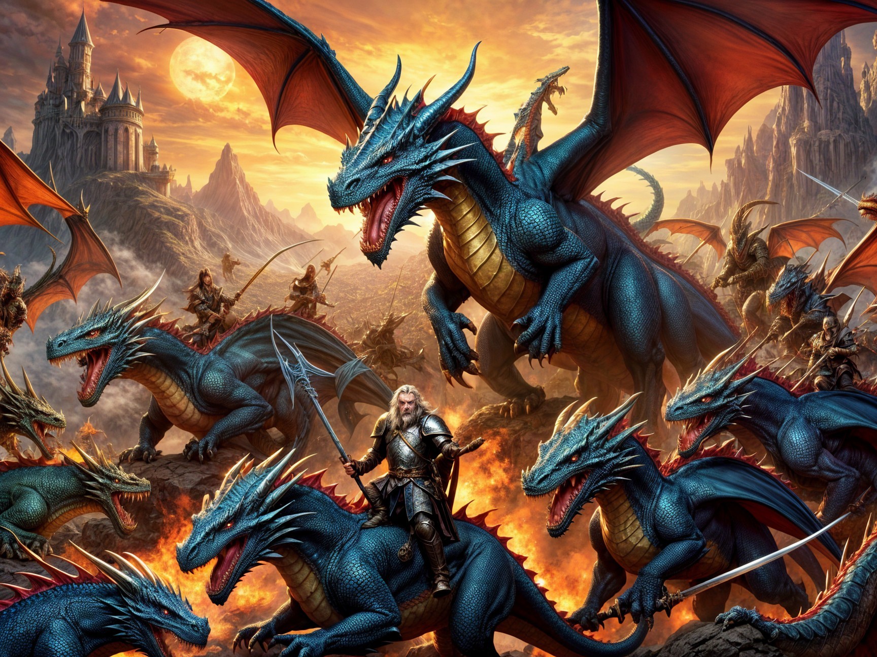 Epic Battle Scene with Dragons and Knight in Armor
