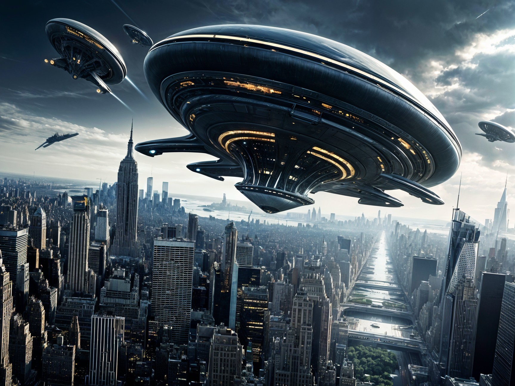 Futuristic Cityscape with Hovering Spacecraft and Skyscrapers