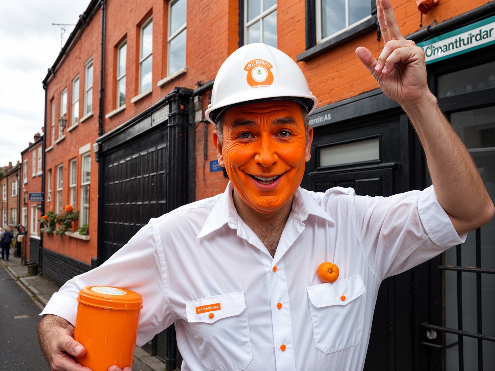 Cheerful man in orange attire on narrow brick street