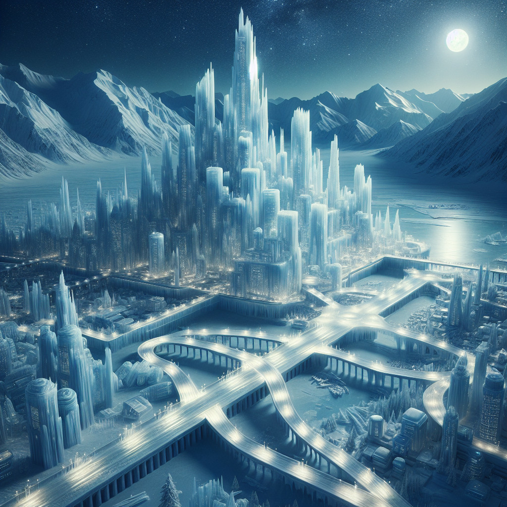 Icy Cityscape with Crystal Structures and Moonlight