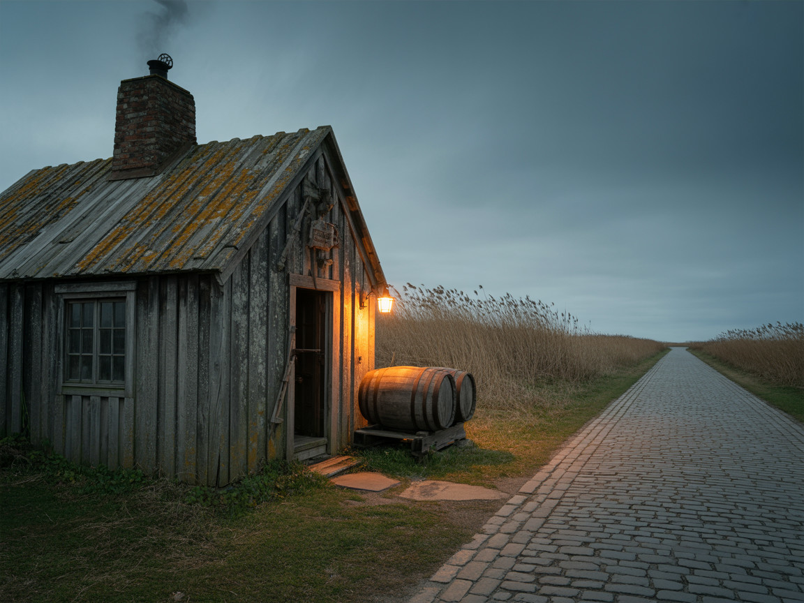 Rustic Wooden Cabin at Twilight with Lantern Glow