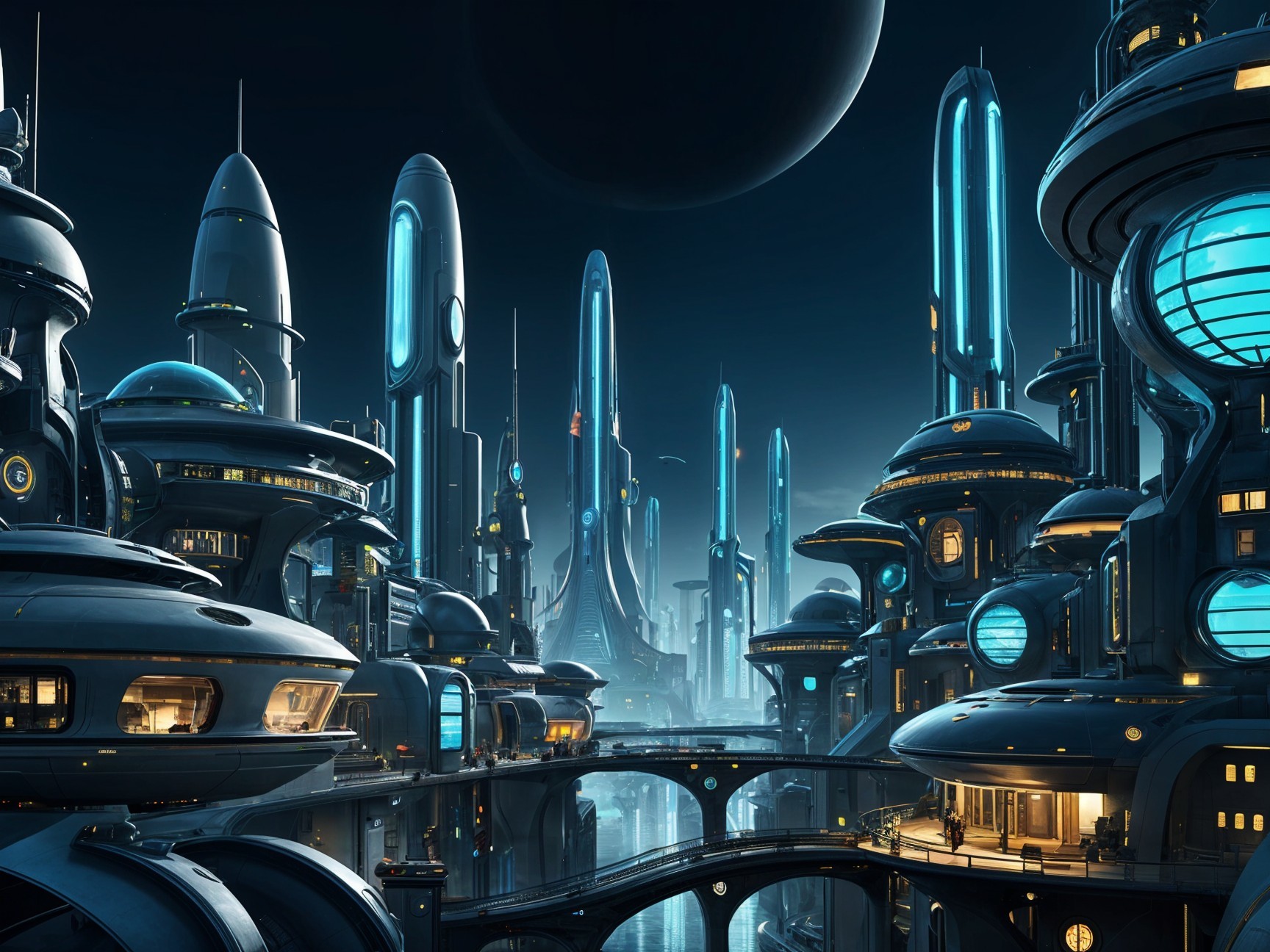 Futuristic cityscape with glowing blue accents and skyscrapers