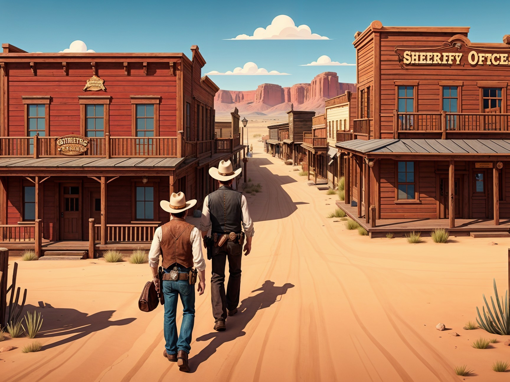 Cowboys in Old West Town with Red Rock Landscape