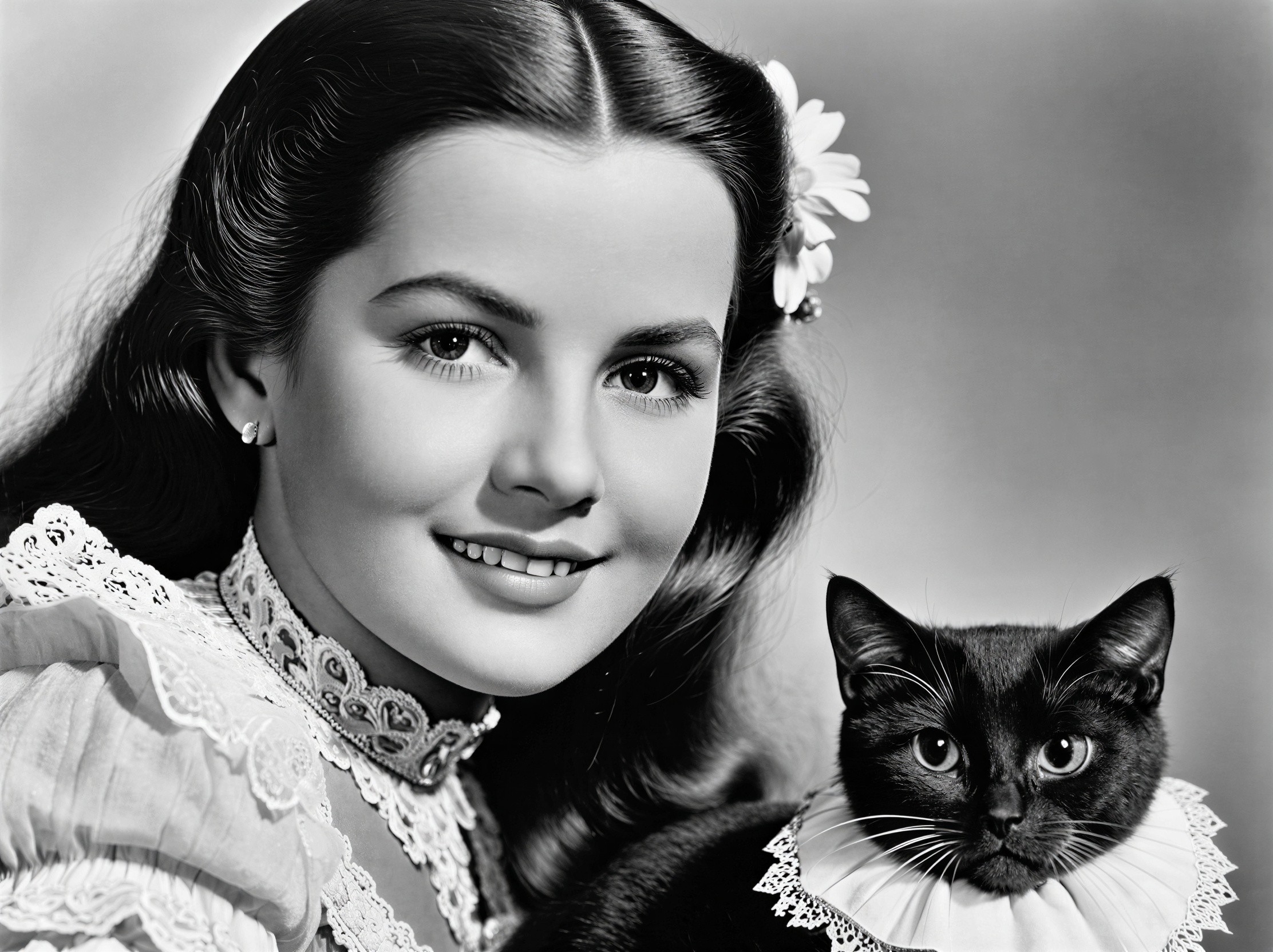 Black and white portrait of a woman and a cat