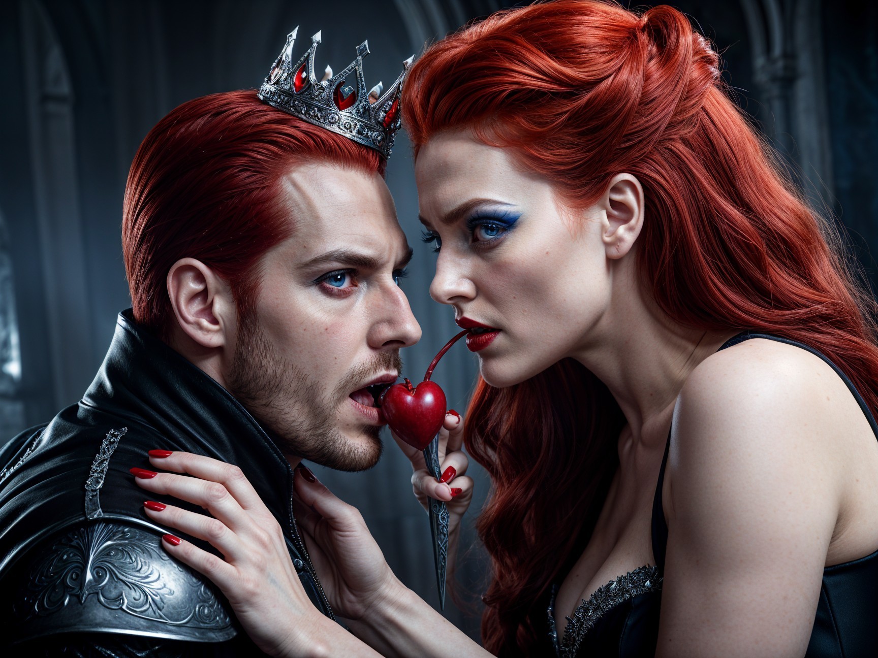 Regal Man and Enigmatic Woman in Dramatic Scene