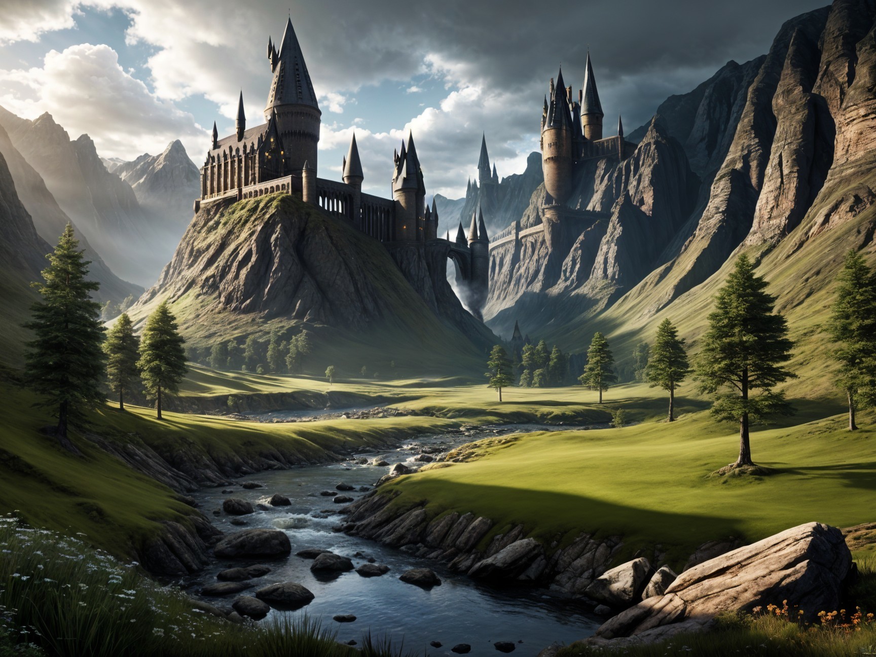 Majestic castle on a rocky mountain with lush hills