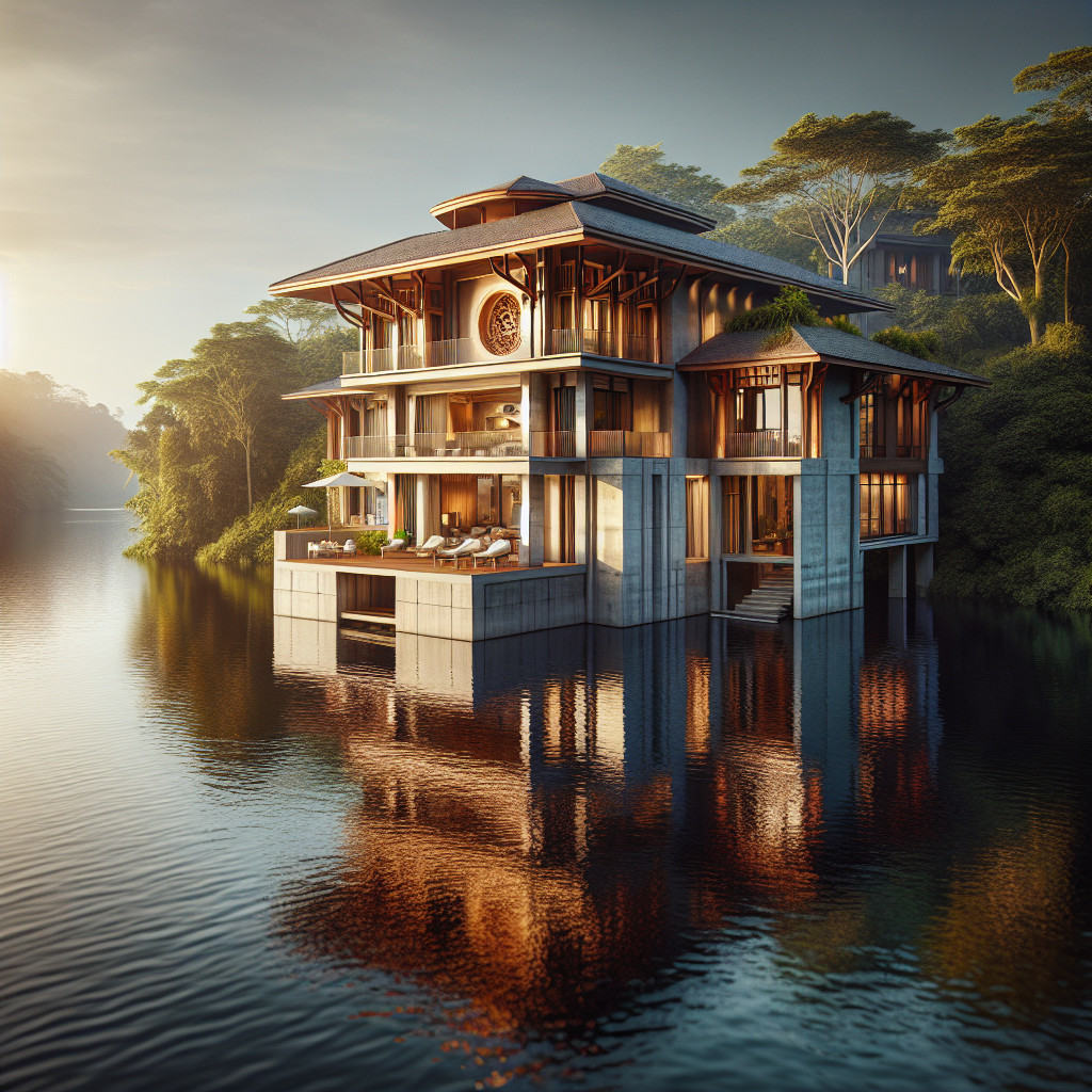 Modern villa by serene lake with lush surroundings