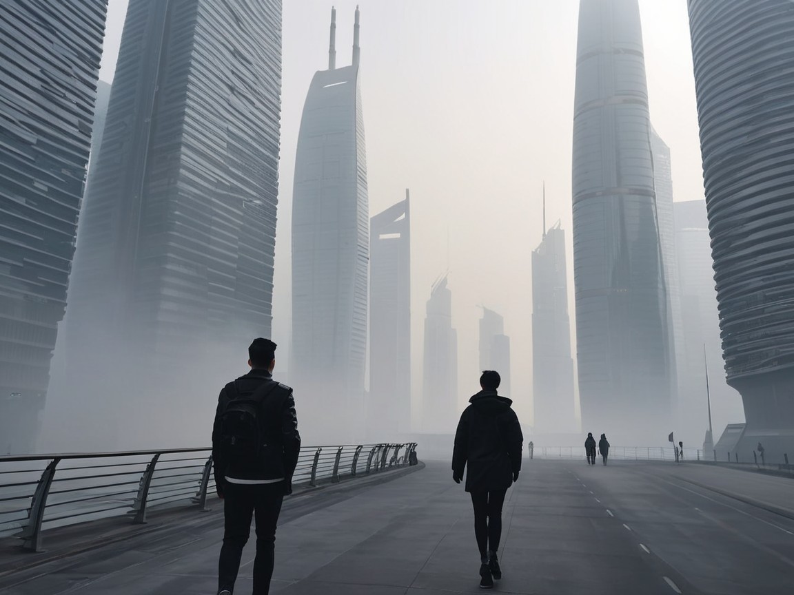 Foggy Cityscape with Figures and Towering Skyscrapers