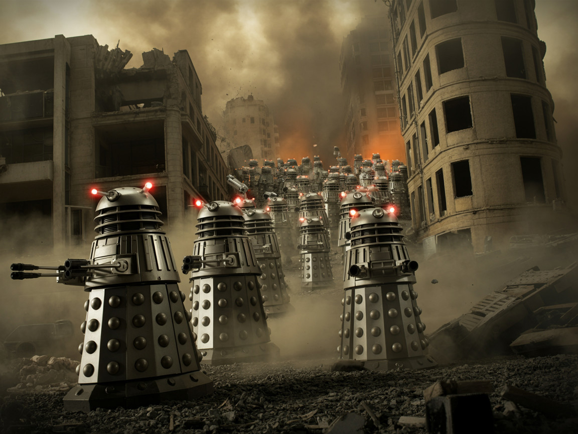 Desolate cityscape with extraterrestrial machines and ruins