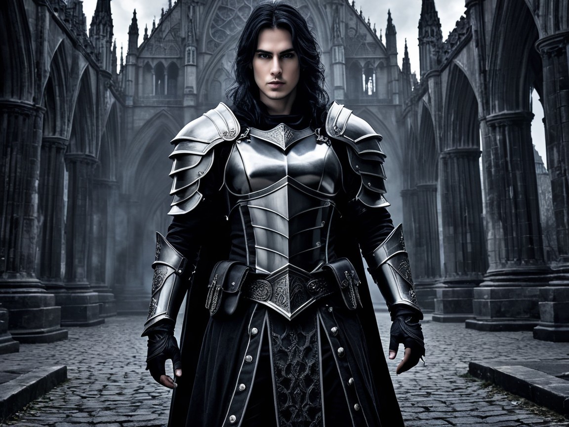 Gothic Figure in Silver Armor Amidst Misty Architecture