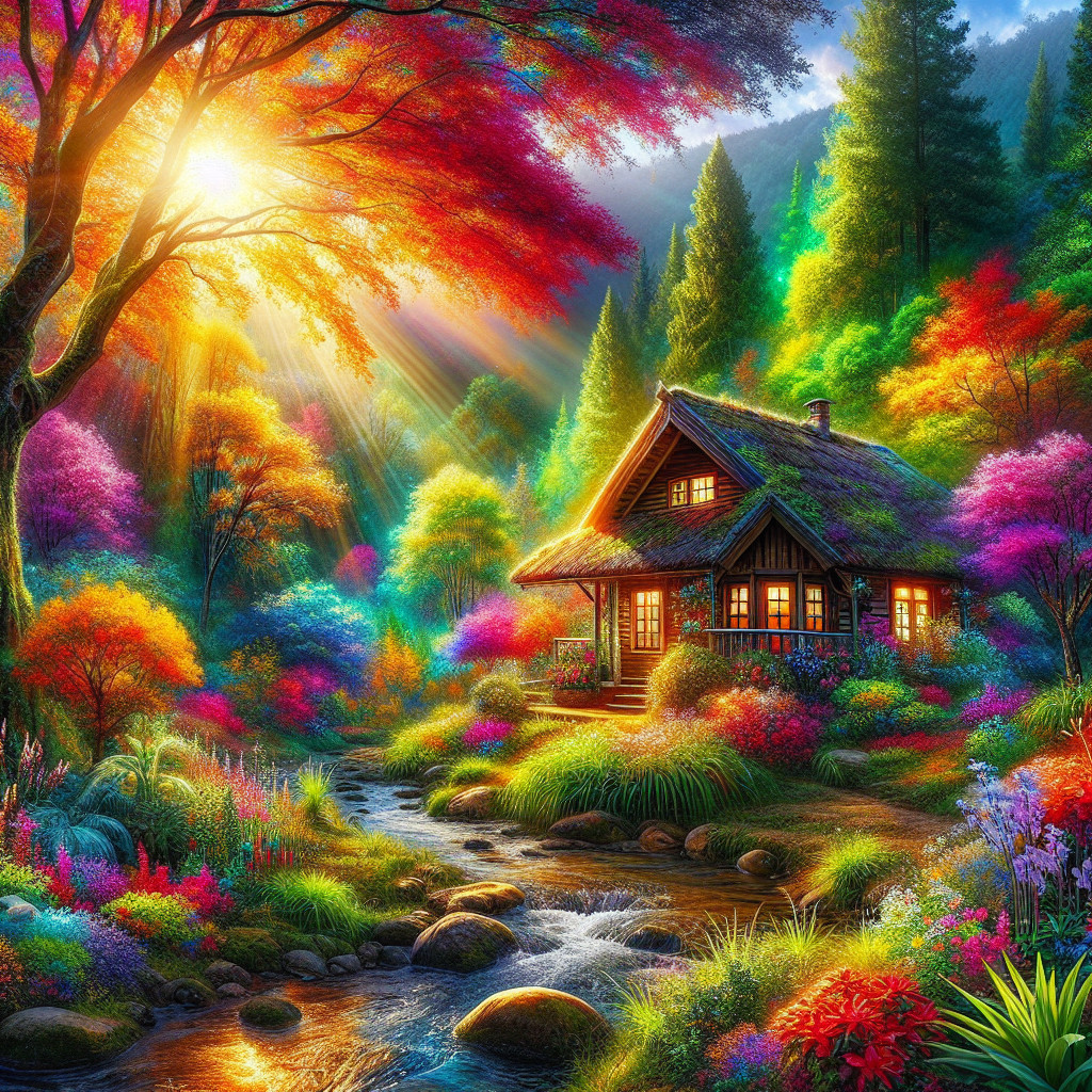 Cottage in Colorful Forest with Stream and Sunlight