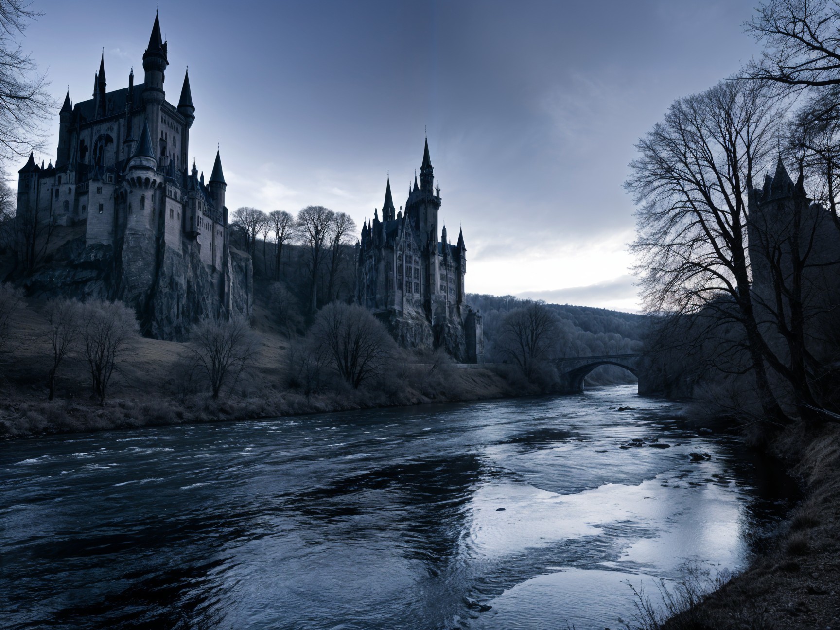 Castle on Cliffs by River at Twilight with Bridge