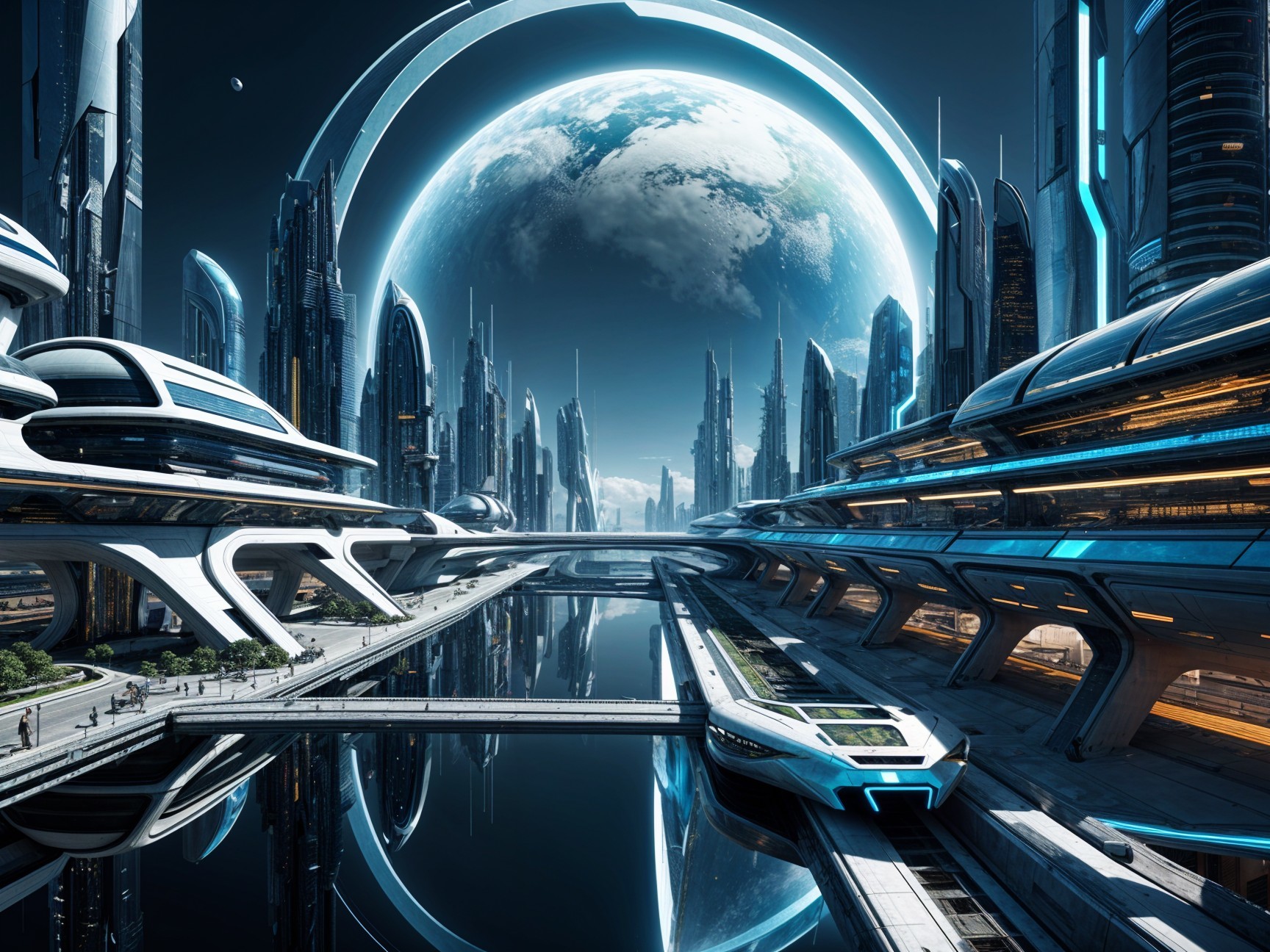 Futuristic cityscape with high-rise buildings and waterways