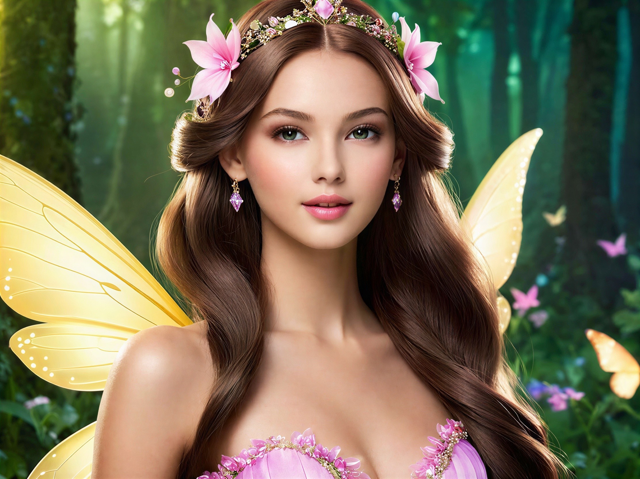 Young lady in pink dress with gold wings in forest