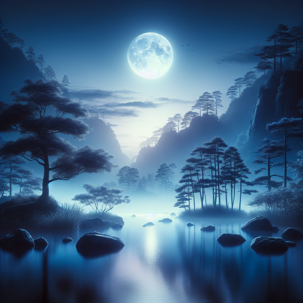 Serene Landscape with Full Moon and Tranquil River