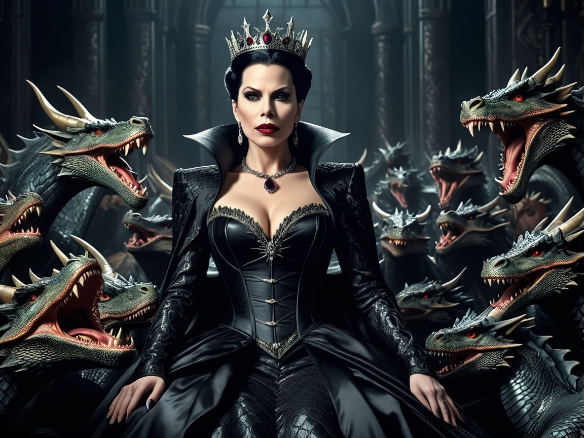 Regal Woman in Black Gown Surrounded by Dragons