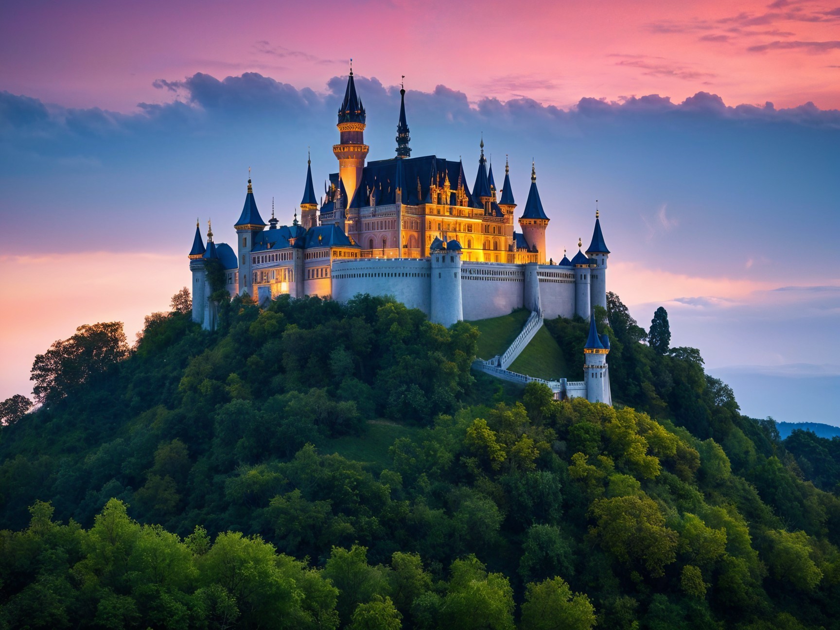Majestic fairytale castle on a green hilltop