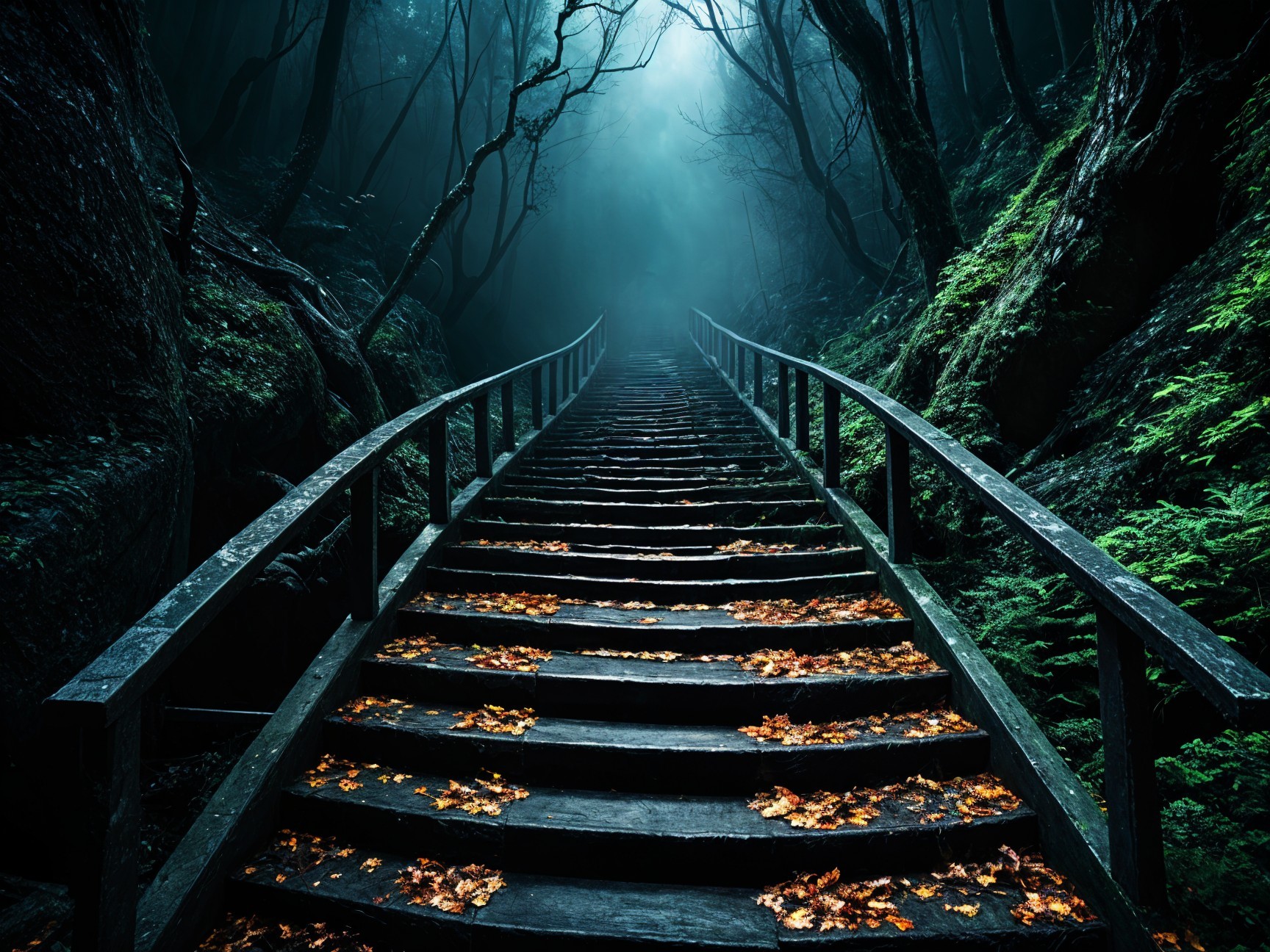 Wooden staircase in a misty autumn forest scene