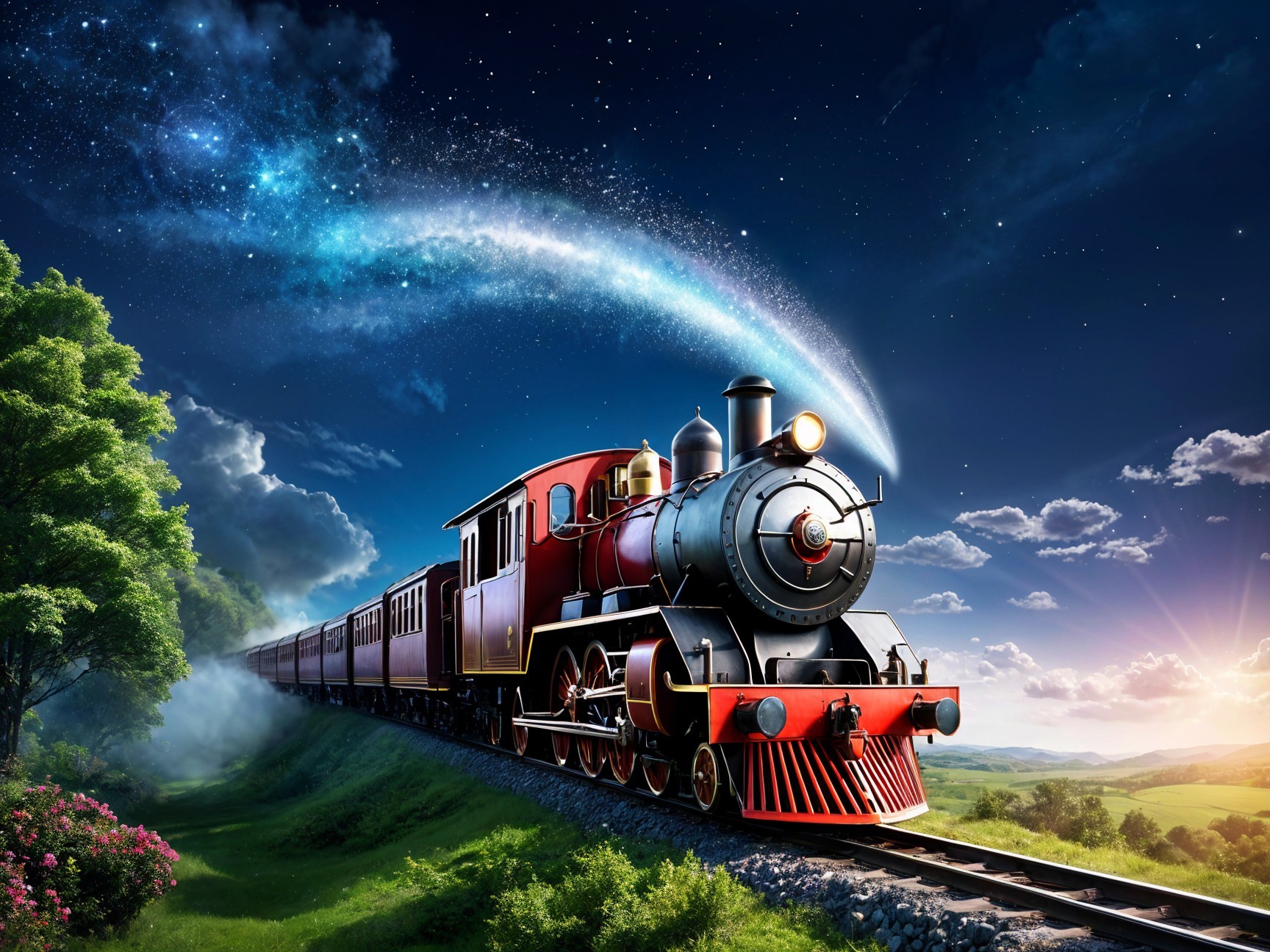Vibrant Steam Locomotive on Scenic Night Track